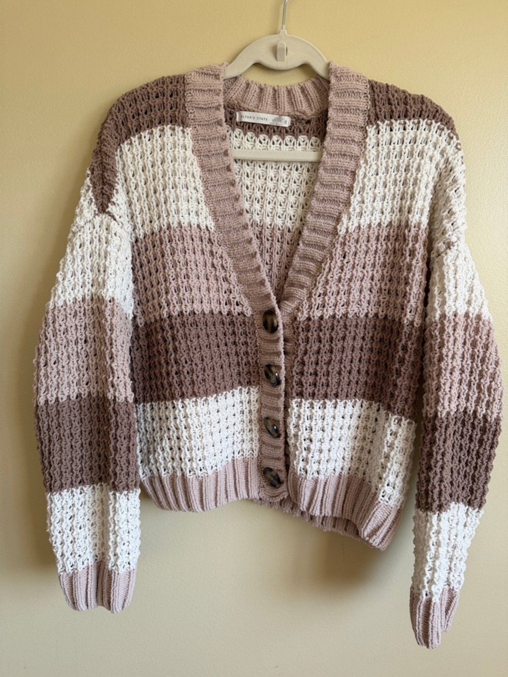 Altar’d State Small Colorblock Open Knit Button Front Cardigan Sweater